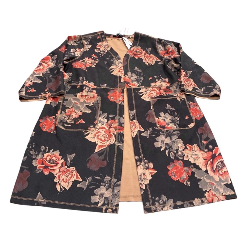 Floral Longline Black & Red Women's Coat